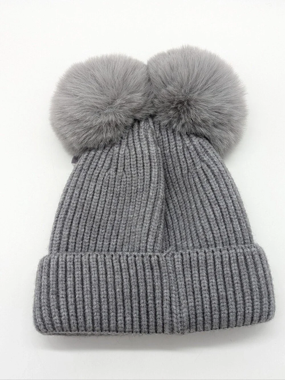 Grey Ribbed Velvet Bow Fuzzy Pom Pom Kids Toddler Winter Hat